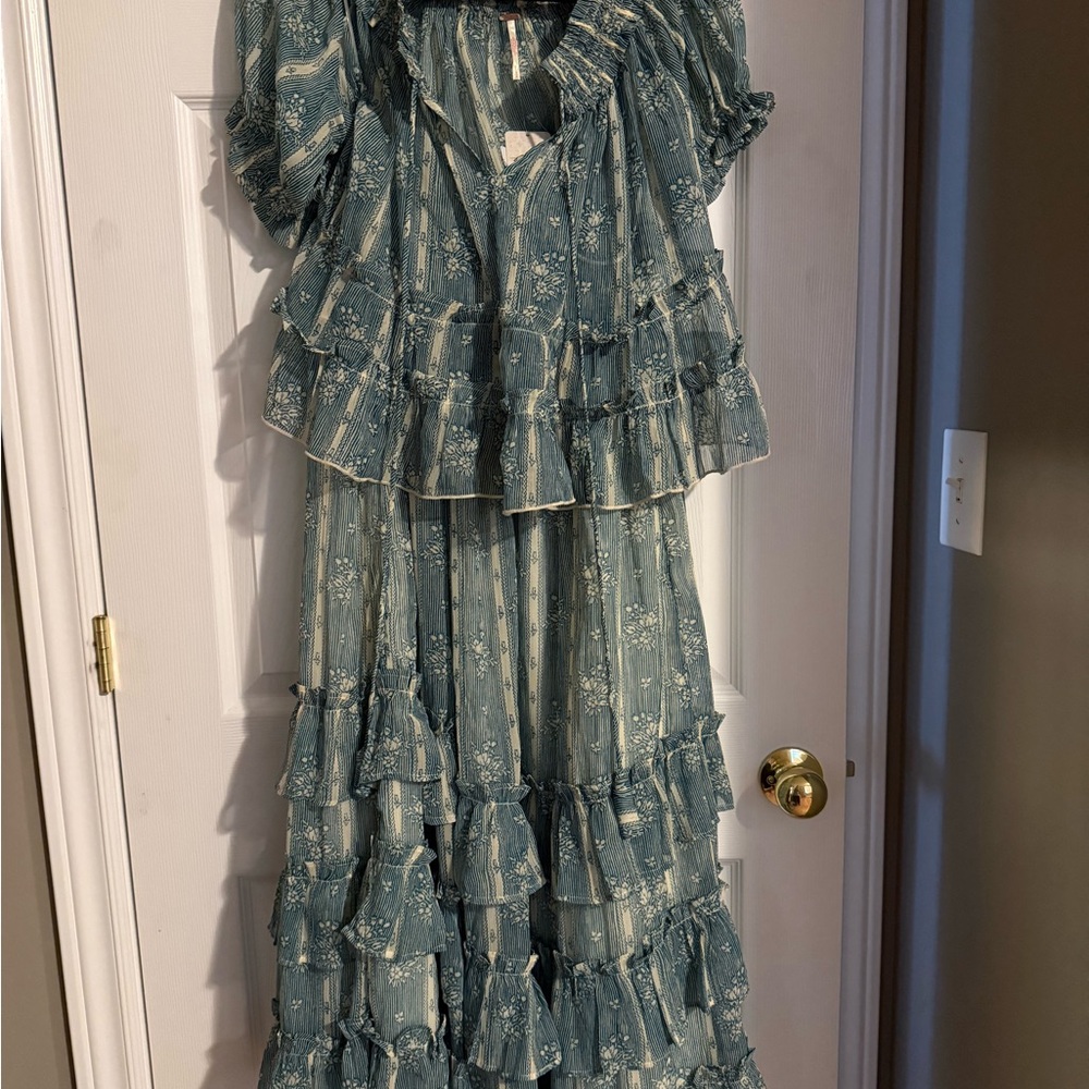 Free People Dusty Teal Floral Ruffled Maxi Dress